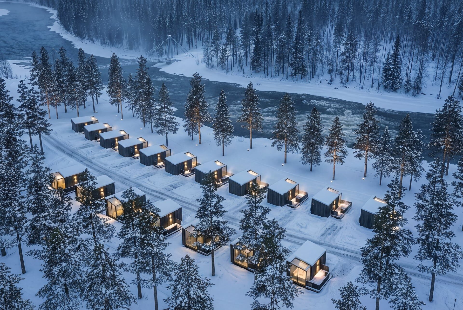 Aerial shot: New Halo Igloos Riverside family igloos