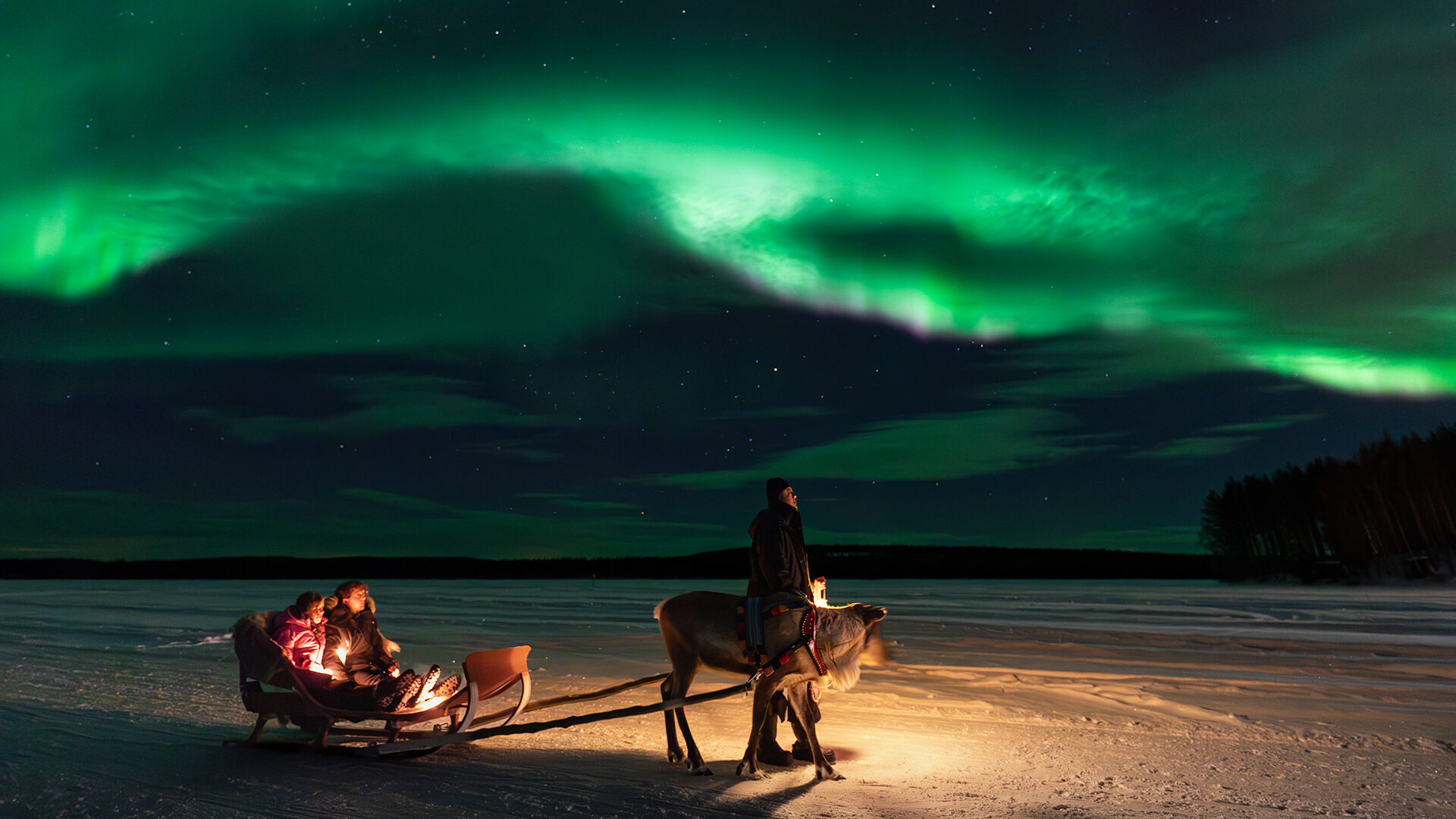 Unforgettable activies, such as reindeer sleigh ride under the northern lights